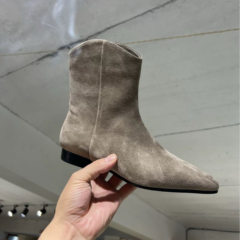 Cowhide Version~Korean Version Suede Pointed Toe Slim For Women Winter Fleece Lined Chunky Heel Western Cowboy Martin_voghion.com