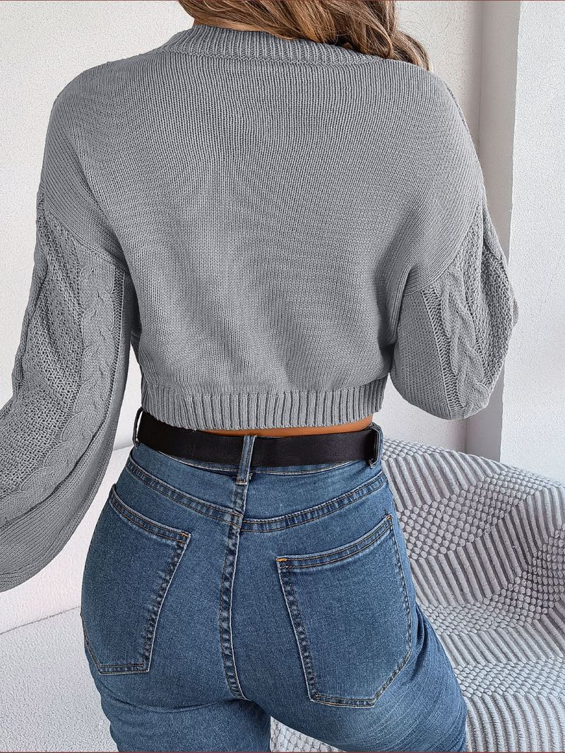Maglione corto a maniche lunghe in maglia a trecce tinta unita casual autunno inverno 2025 da donna_voghion.com