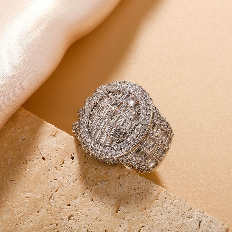 Retro Geometric Hip Hop Ring – Cubic Zirconia Halo Men's/Women's Statement Jewelry, Vintage Disc Design, Prong Set Stones, Gold/Silver (Sizes 7-11)_voghion.com
