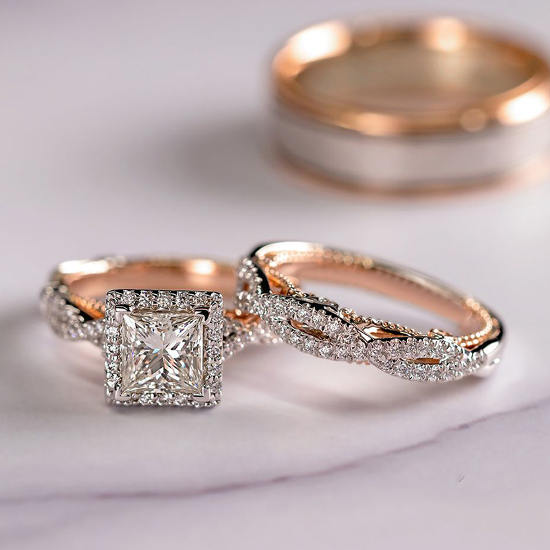 Dreiteiliger Ring Roségold Farbtrennung funkelnder Zirkonring Damen Luxus Verlobungsring_voghion.com