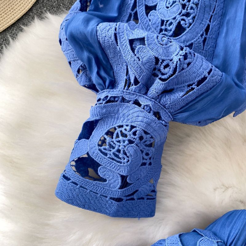 Ensemble trois pièces pour femme, haut à manches lanternes et jupe taille haute, style doux, crochet rose, dentelle ajourée, motif floral_voghion.com