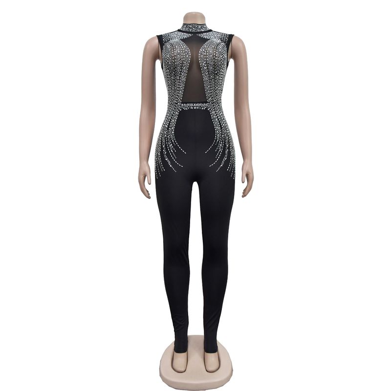 Vêtements pour femmes mode femmes couleur unie maille presse perceuse sans manches pantalon combinaison_voghion.com