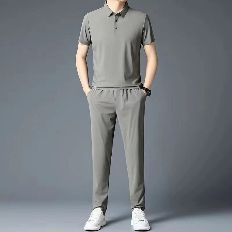 2025 Feel Running Sports Suit For Men Summer Thin Ice Silk Turn-down Collar T-shirt Men's Casual Set_voghion.com