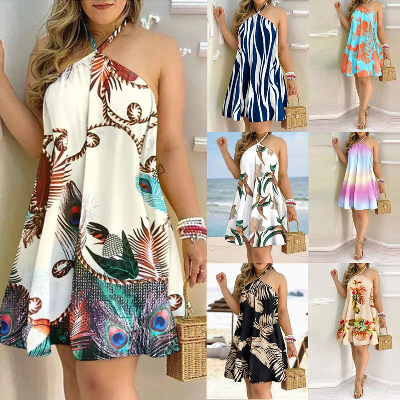 2025 Summer Printed Shoulder Hanging Neck Strap Loose Women's Dress For Women_voghion.com