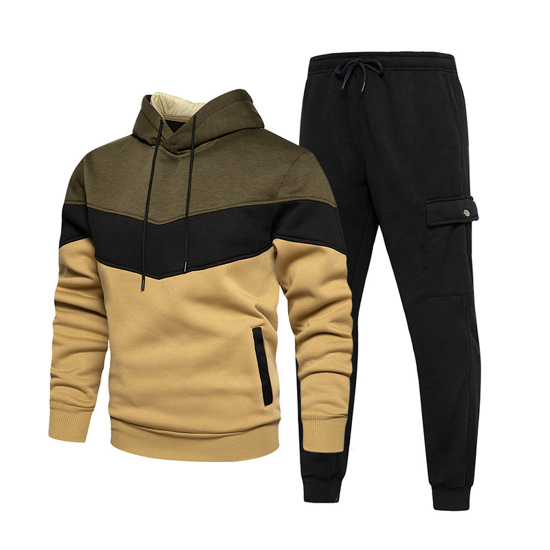Conjunto deportivo informal de dos piezas con capucha y contraste de color para hombre_voghion.com