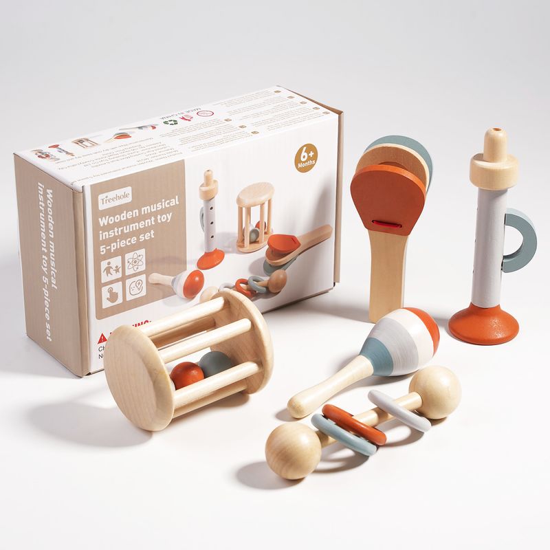 Barnesett med musikkinstrumenter i tre, burklokke, sandhammer, lite horn, kastanett, beroligende sengeklokke, pedagogisk leketøy for tidlig utdanning_voghion.com