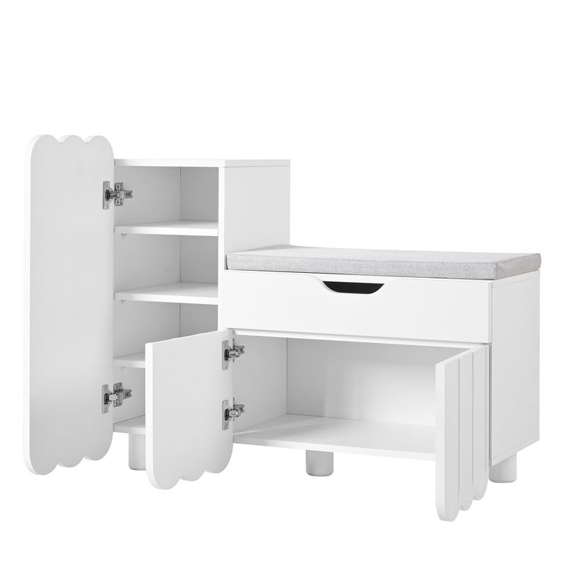 Meuble à chaussures moderne à 3 portes avec tiroir et coussin d'assise – Banc de rangement à chaussures blanc pour couloir, gain de place – Élégant meuble à chaussures d'entrée_voghion.com