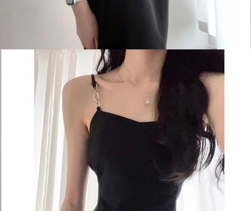 French Style Design Black Hip Hugging Mid Length 2025 Summer New Slim Fit And Slimming Waist Cinching Suspender Dress_voghion.com