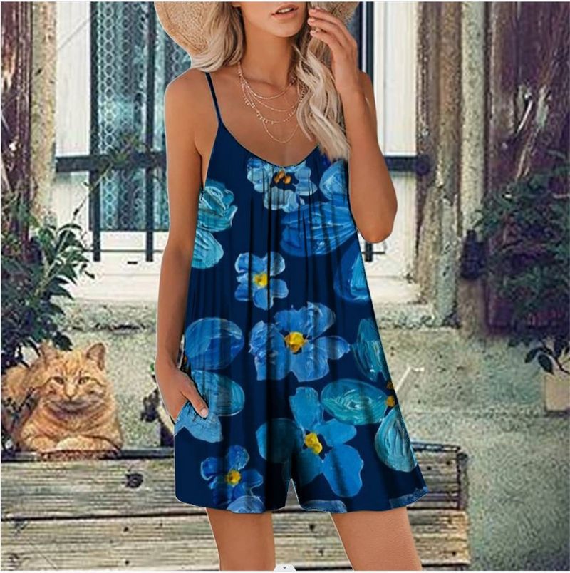 Stylowy damski kombinezon z krótkim rękawem – letni kombinezon bez rękawów z kwiatowym nadrukiem i kieszeniami bocznymi, luźny krój, wygodna, elastyczna tkanina (S-5XL)_voghion.com