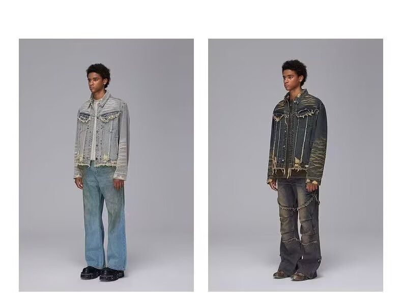 Chaqueta vaquera vintage lavada para hombre: abrigo motero extragrande de estilo urbano con efecto desgastado retro y diseño tie-dye._voghion.com