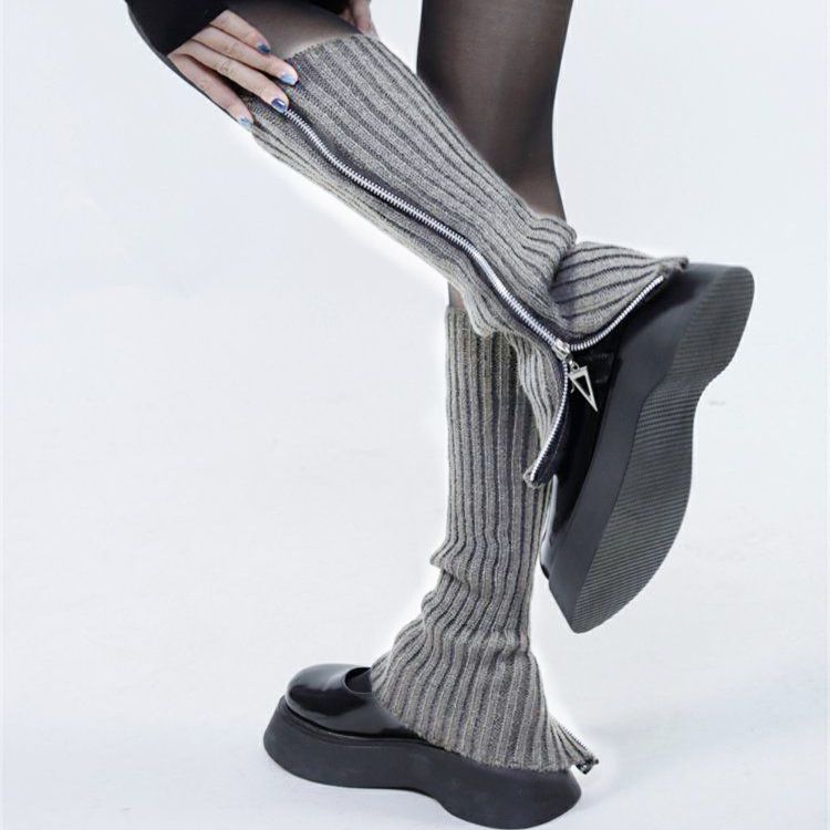 Woolen Sock Spicy Girls, Autumn And Winter Women's New Long Leg Sleeves, JK Warm Solid Color Versatile Knitted Zipper_voghion.com