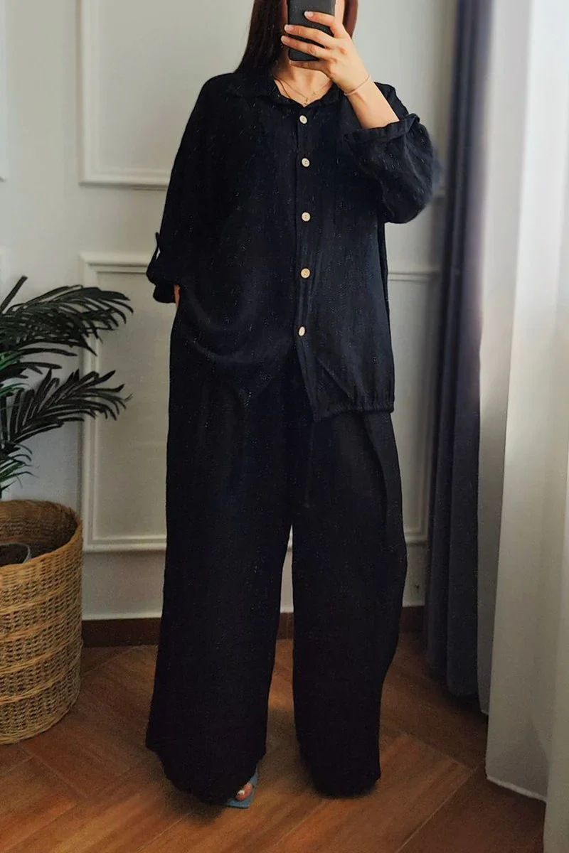 Set di 2 pezzi di abbigliamento casual da donna in cotone e lino, tinta unita, con pantaloni a gamba larga e bottoni._voghion.com
