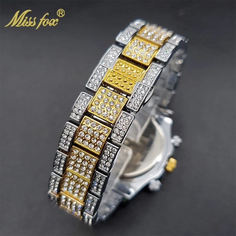 Missfox - Gouden herenhorloge, regenboogdiamanten wijzerplaat, chronograaf met drievoudige wijzerplaat, waterdicht, sportief, elegant_voghion.com