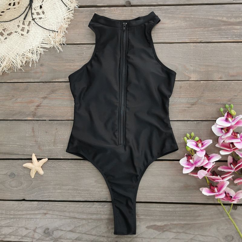 Maillot de bain une pièce sans manches pour femme, couleur unie, fermeture éclair_voghion.com