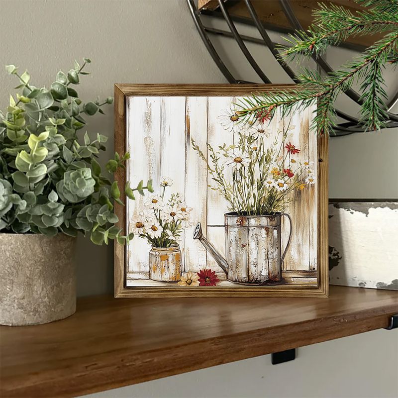 "8x8'' Rustic Wooden Sign - Spring Jasmine & Watering Cans Farmhouse Art, Lightweight Polished Frame, Perfect For Living Room Or Cafe. Ideal Gift!_voghion.com