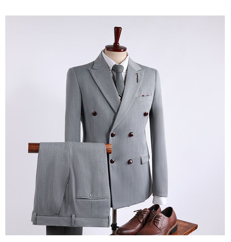 CT Gray Striped Double-Breasted Suit Set For Men, Three-Piece Wedding Suit, Host Professional Formal Performance Outfit_voghion.com