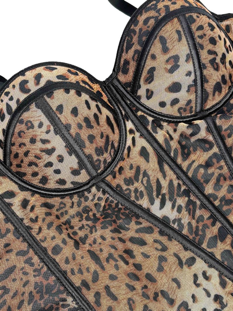 Damenbekleidung Sexy Leoparden-Punktmuster-Spleißen-BH Hosenträger High-End-Innennetzspitze Durchsichtige Oberbekleidung Fischgräten-BH_voghion.com