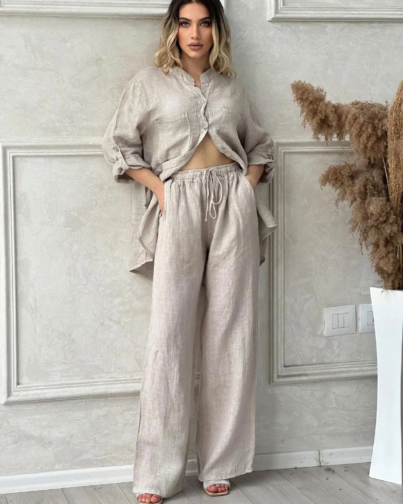 Dammekleeder Summer Neit Dammeset Grouss Gréisst Kotteng a Léngen Hemdset Héichtaille Loose Hosen_voghion.com