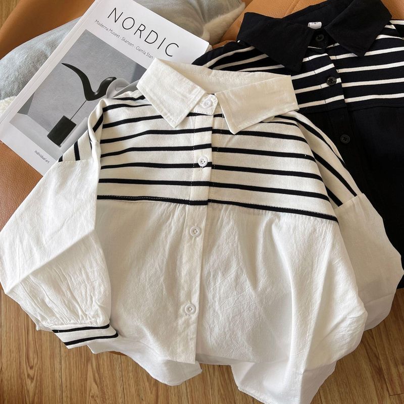 Is~Korea versie van Ramie kinder verticale streep jongens meisjes temperamet, revers cardiga shirt voor sprig ad_voghion.com