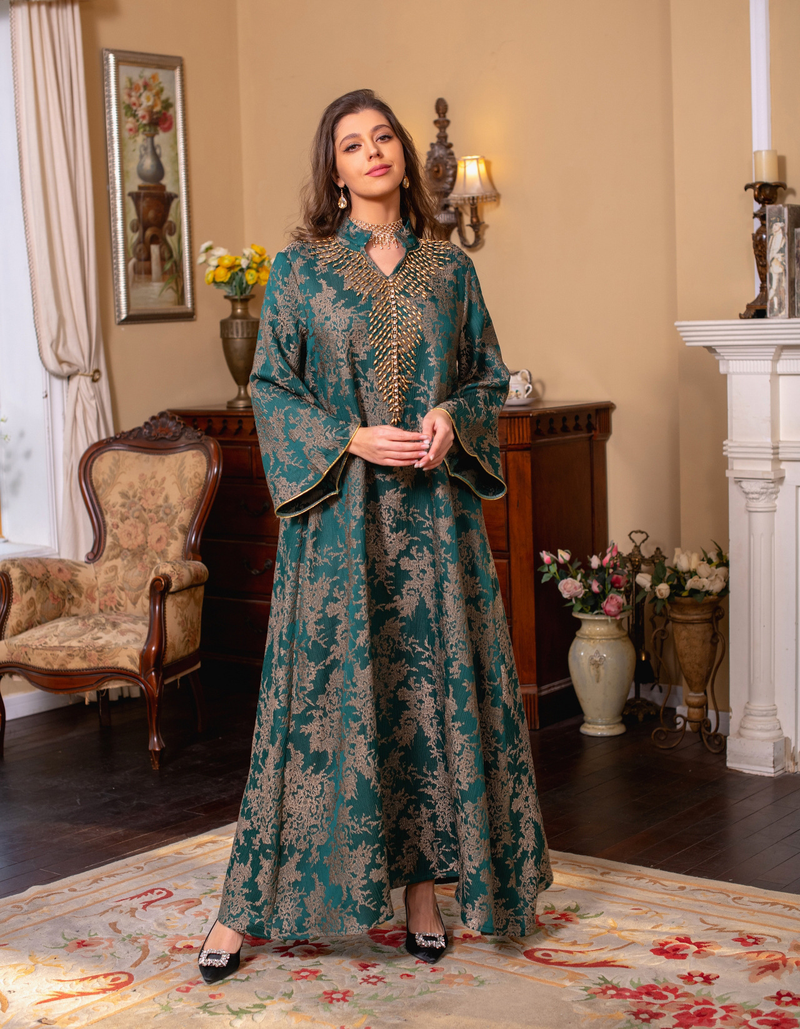 Women's Clothing Muslim Evening Gown Jacquard Embroidery Dress Beading Fashion Kaftan Arabian Dubai Robe_voghion.com