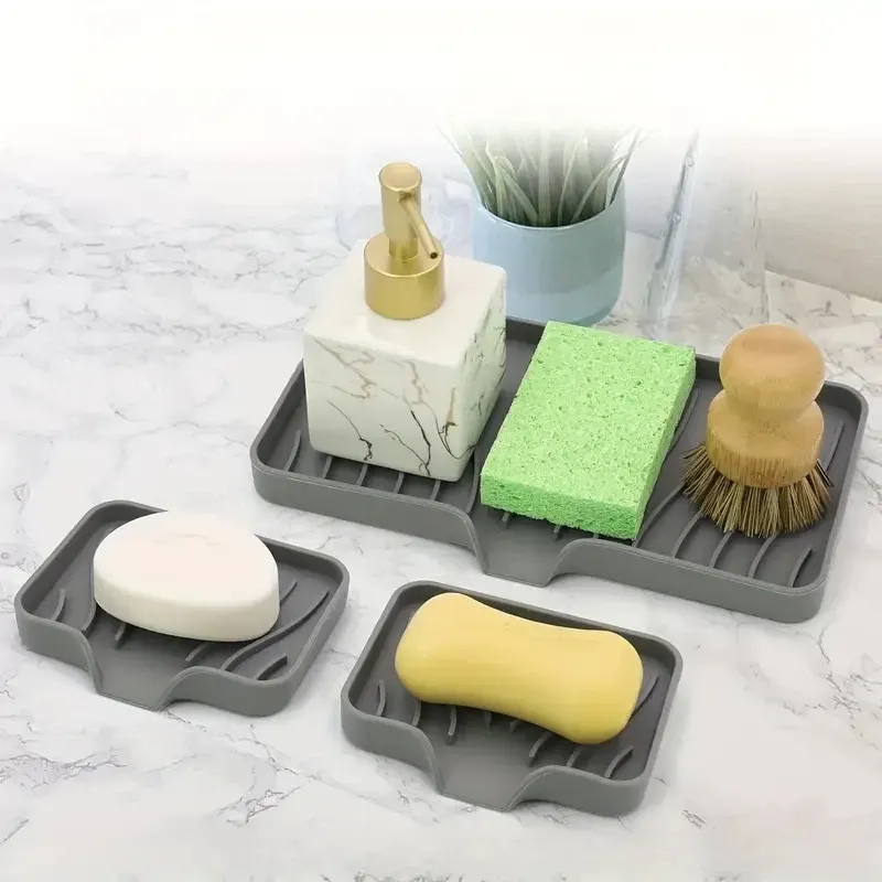 Silicone Sink Scrubber Holder Tray - Drain Sponge Soap Storage Rack Countertop Kitchen Organizer_voghion.com