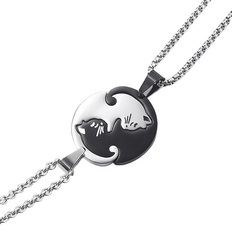 simple black and white cat hug stitching pendant niche design couple chain clavicle chain stainless steel necklace batch_voghion.com