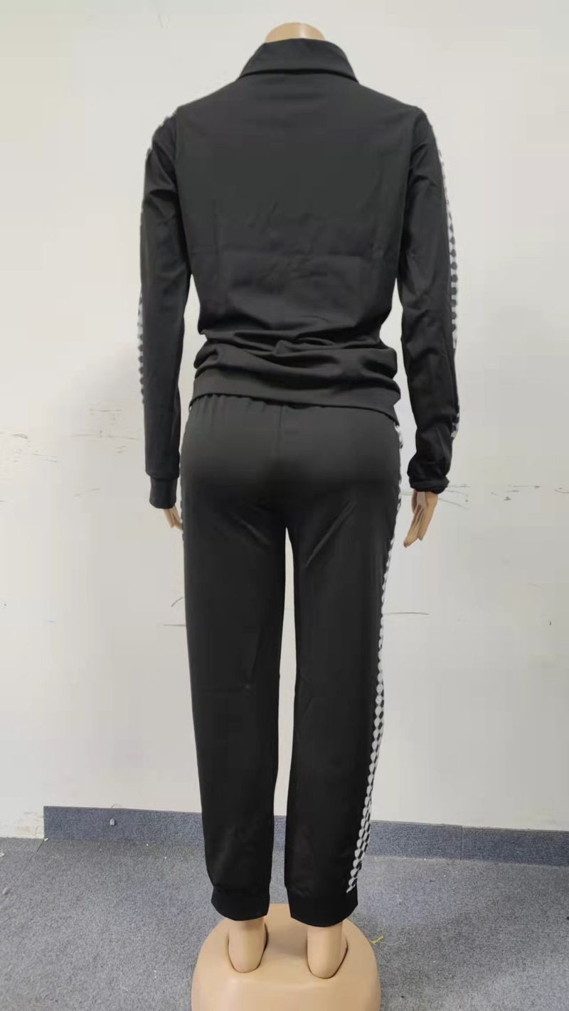 2023 Autumn And Winter New Women's Long Sports Casual Zipper Patchwork Plaid Set For Women_voghion.com