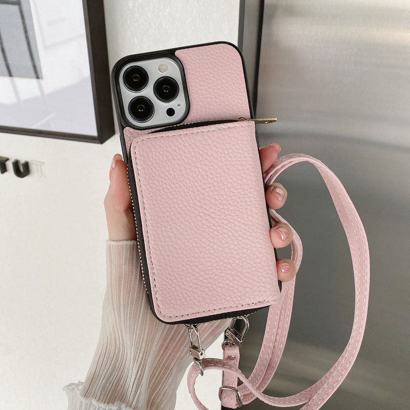 Mobile phone case zipper card holder diagonally applicable to Apple 14 mobile phone case Apple 13 promax litchi pattern protective cover 12 women_voghion.com