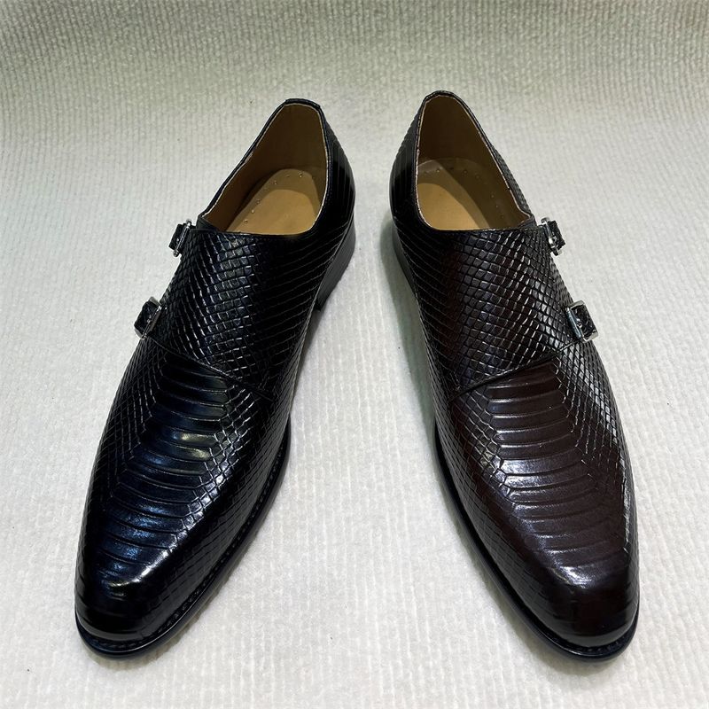 Men's Hairstylist Wedding Pointed Business Casual Leather Shoes With Double Buckles, Monk Shoes, Toe Layer Cowhide_voghion.com