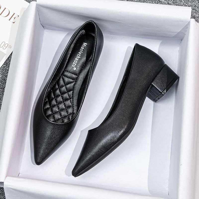 Sapatos femininos pretos para entrevistas de emprego, versáteis, com bico fino, salto grosso e sola única de couro macio, estilo fada._voghion.com