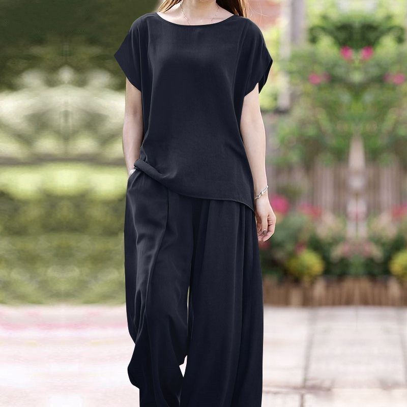 Ensemble 2 pièces pour femmes, chemise à manches courtes et pantalon large à la mode, vêtements de sport amples_voghion.com