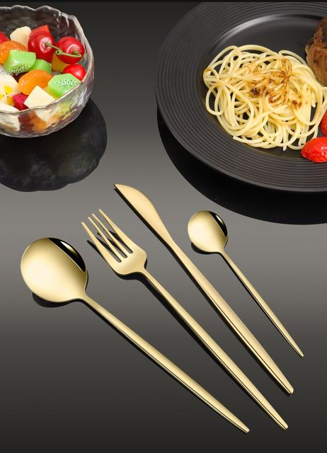 24-teiliges Goldgeschirr-Set aus Edelstahl, Steakmesser, Gabel, Kaffeelöffel, Teelöffel, Besteck, spülmaschinenfest, Küchengeschirr_voghion.com