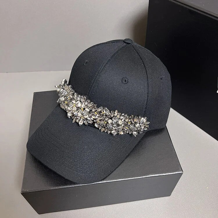 Black Hat, Women's Rhinestone Baseball Small Face, Solid Colour Hard Top Hat_voghion.com