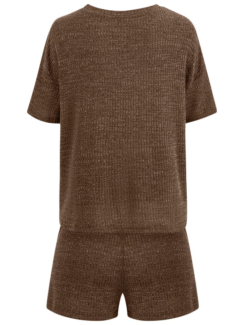 women's clothing casual style loose round neck solid color short-sleeved tops and shorts suits_voghion.com