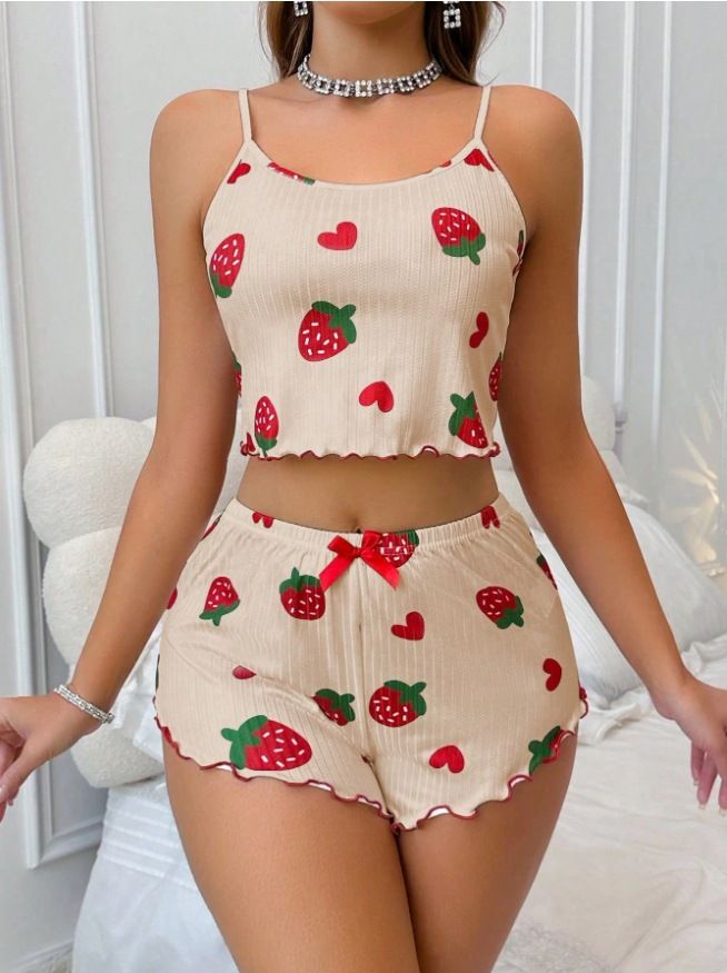 Zweiteiliges Set aus Camisole-Shorts mit Herz-Print und sexy Loungewear aus Milchseide_voghion.com