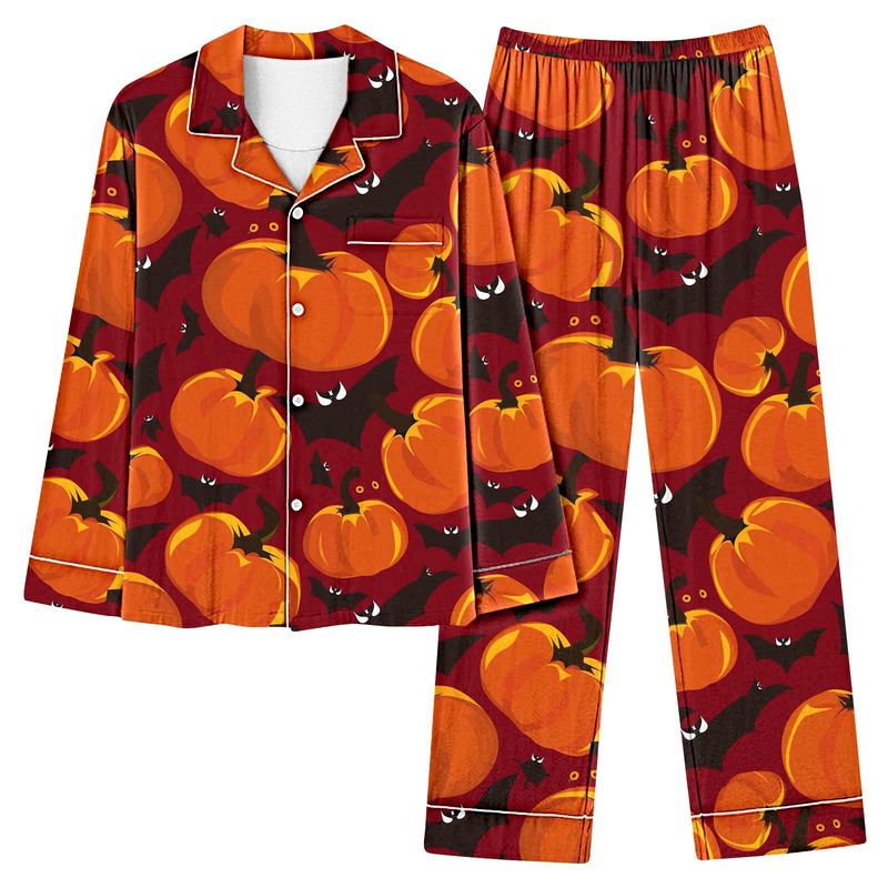 Individuelles Halloween-Pyjama-Set für Damen – Langarm-Button-Down-Oberteil und Lounge-Hose (atmungsaktives Polyester, leicht, XS-4XL, Heim- und Nachtwäsche)_voghion.com