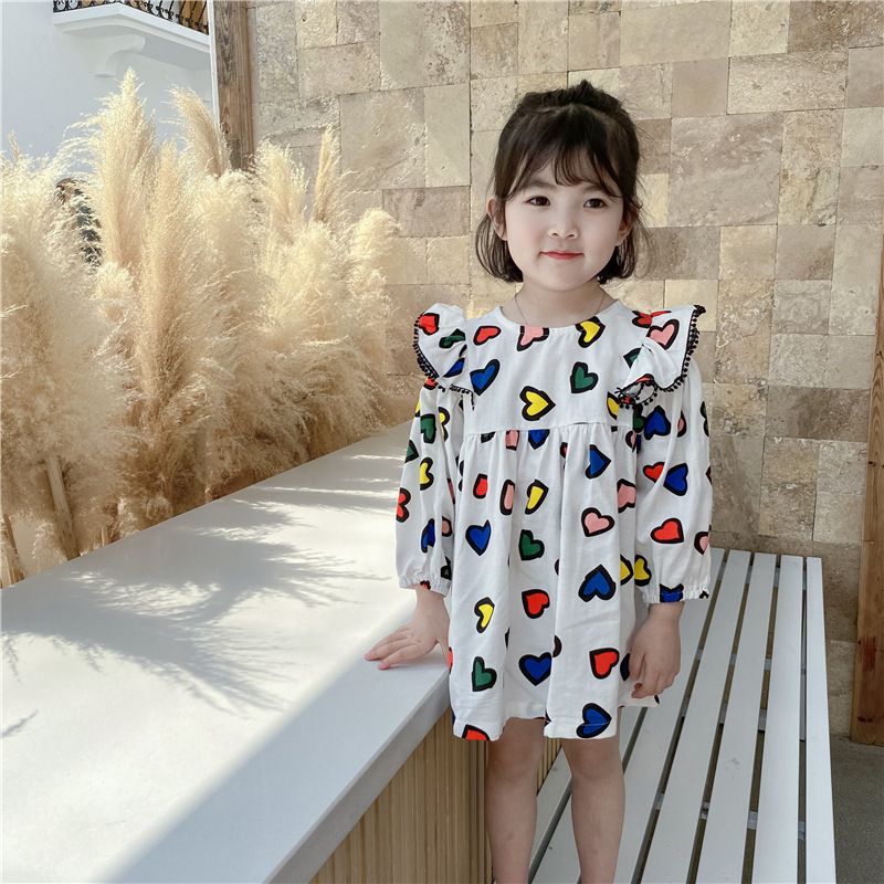 Rochie de fete cu imprimeu colorat de primăvară, dragoste, zburând, mânecă, prințesă, rochie de păpușă_voghion.com
