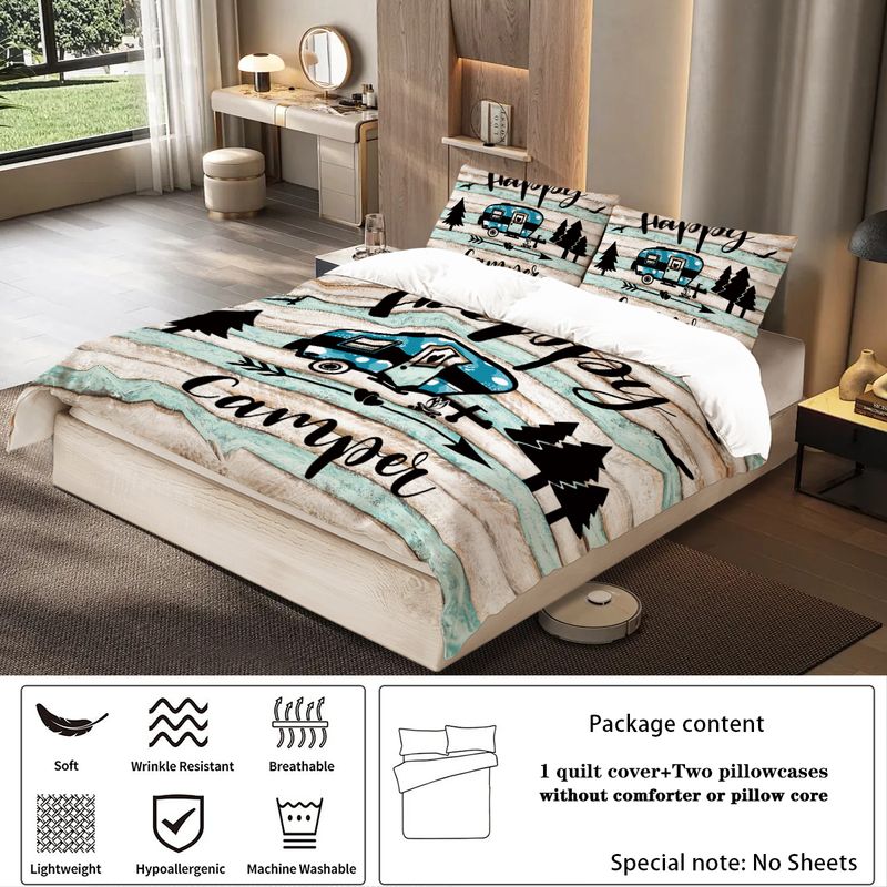Set di biancheria da letto da 3 pezzi, stampa Happy Camper e Forest, set di piumoni, letto matrimoniale, king size, matrimoniale, divertimento per le feste e biancheria da letto creativa_voghion.com