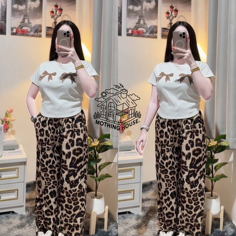 Completo casual da donna in due pezzi con stampa leopardata, manica corta, pantaloni larghi e taglie forti_voghion.com
