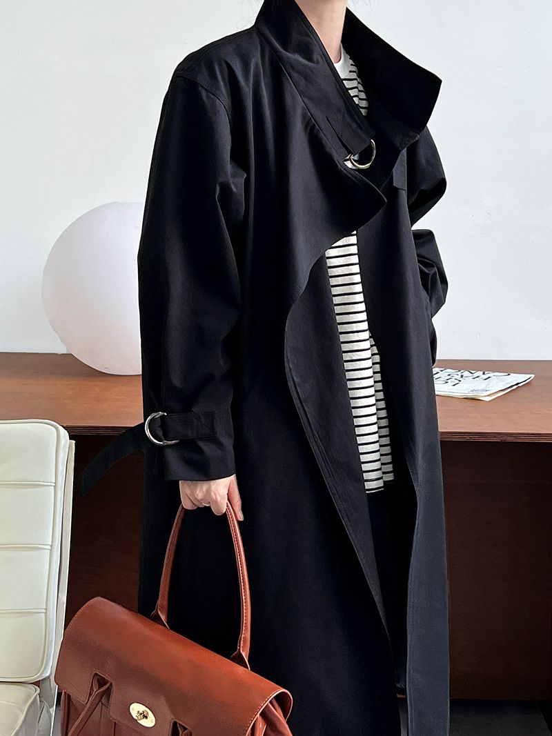 Elegant British-Style Long Trench Coat For Women – Minimalist & Luxurious Knee-Length Overcoat With Adjustable Belt, Pure Cotton, Black & Light Beige_voghion.com