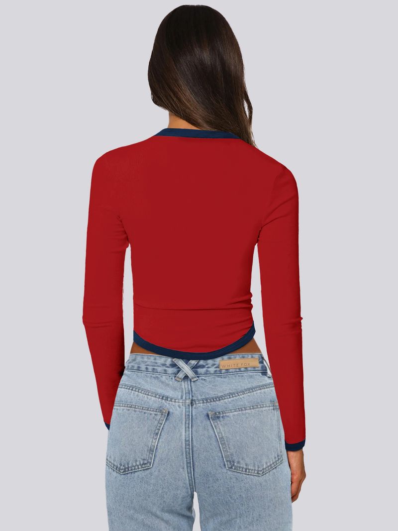 Blusa feminina primavera verão 2025, manga comprida, gola redonda, slim fit, bloco de cores_voghion.com