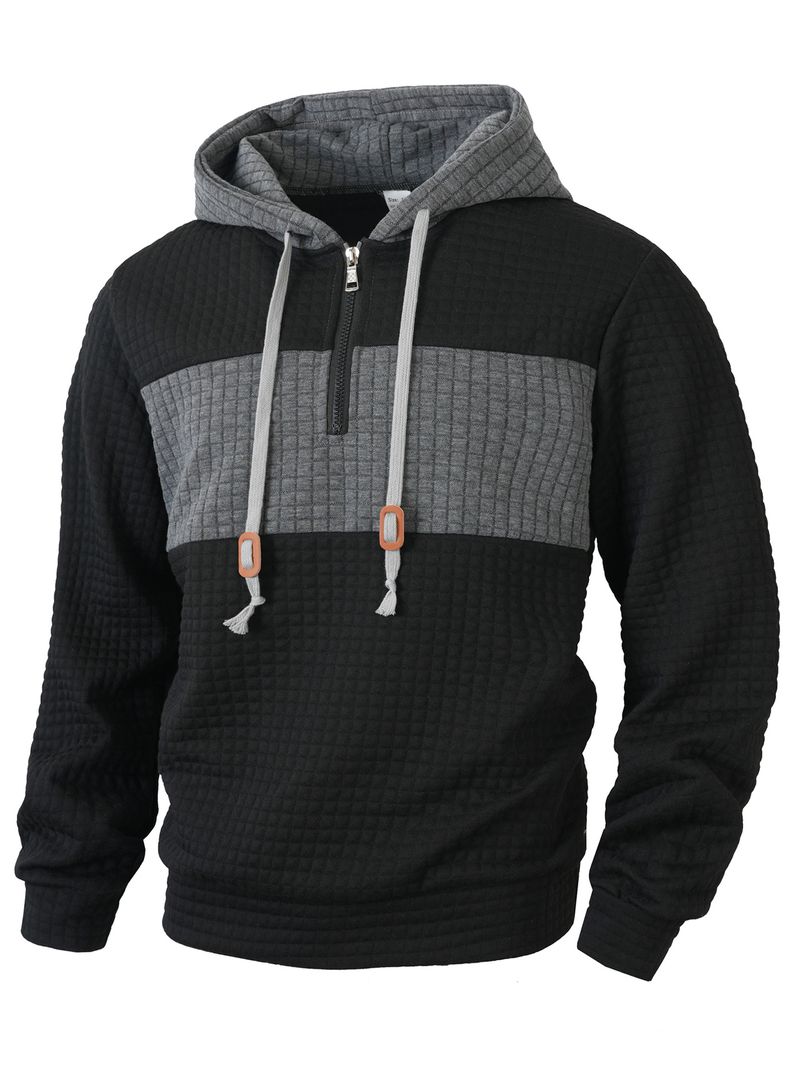 Felpa con cappuccio a quadri da uomo – Felpa casual a maniche lunghe con cerniera (S-XXXL, design a blocchi di colore)_voghion.com