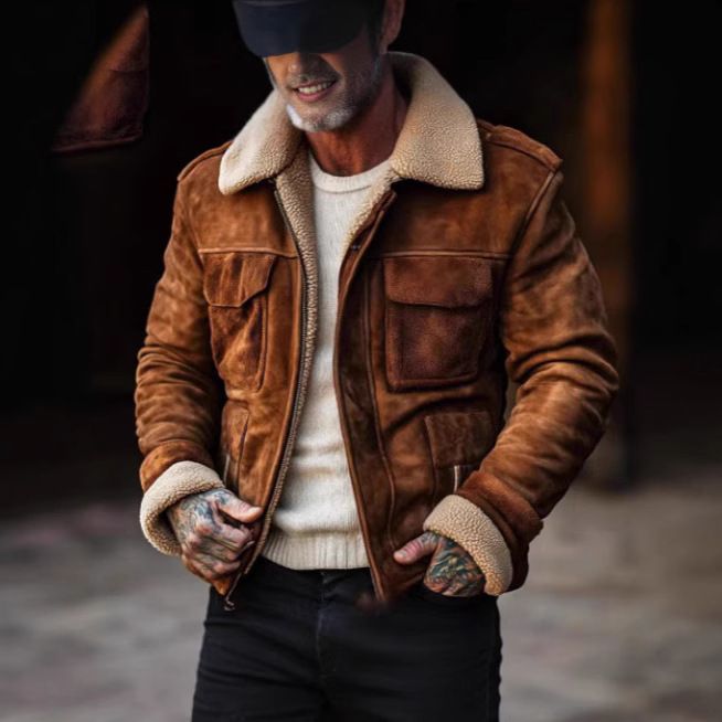 Autumn Winter 2024 Men's Coat Jacket Lamb Wool Turn-down Collar Zipper Business Casual_voghion.com