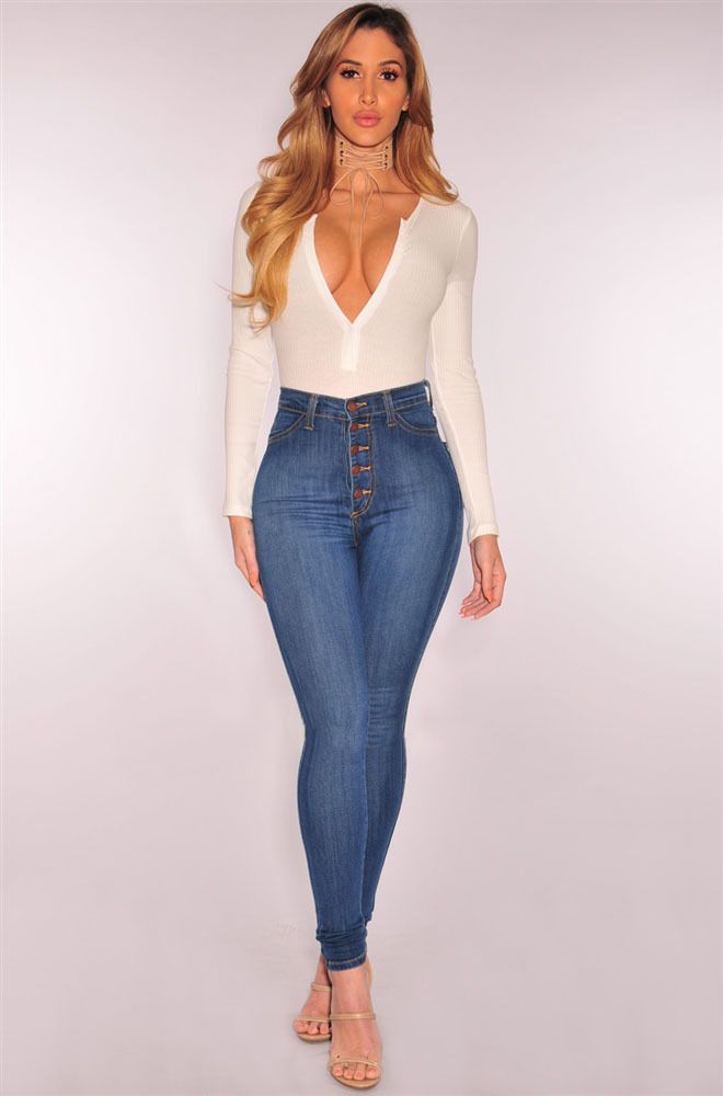 Pantalon en denim coupe slim stretch taille haute pour femmes européennes et américaines taille plus_voghion.com