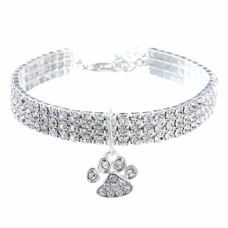 Colorful Alloy Footprint Pendant Pet Necklace Dog Chain Cat Collar Three Rows Of Elastic Rhinestone Pet_voghion.com