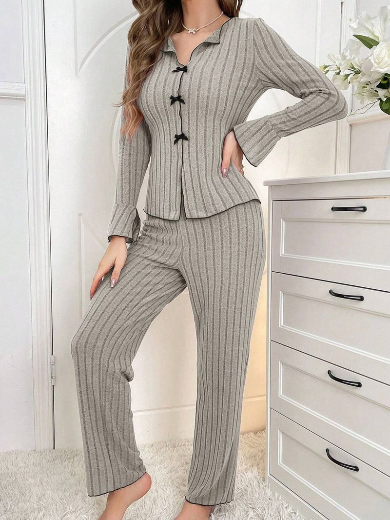 Herbst Winter Pyjamas Frauen Drehen-unten Kragen Bowknot Mode Sexy Ärmel Lange Hosen Home Wear Set Weibliche_voghion.com