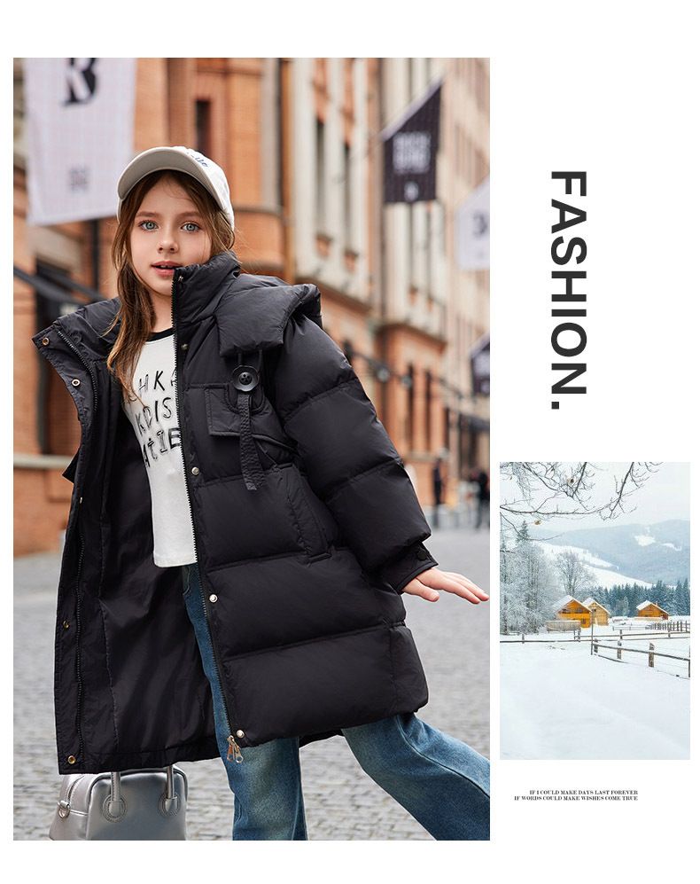 Piumino lungo per ragazze - Imbottito con piumino d'anatra bianco al 90%, giacca invernale di media lunghezza con cappuccio, morbido rivestimento in poliestere, eleganti colori a tinta unita_voghion.com