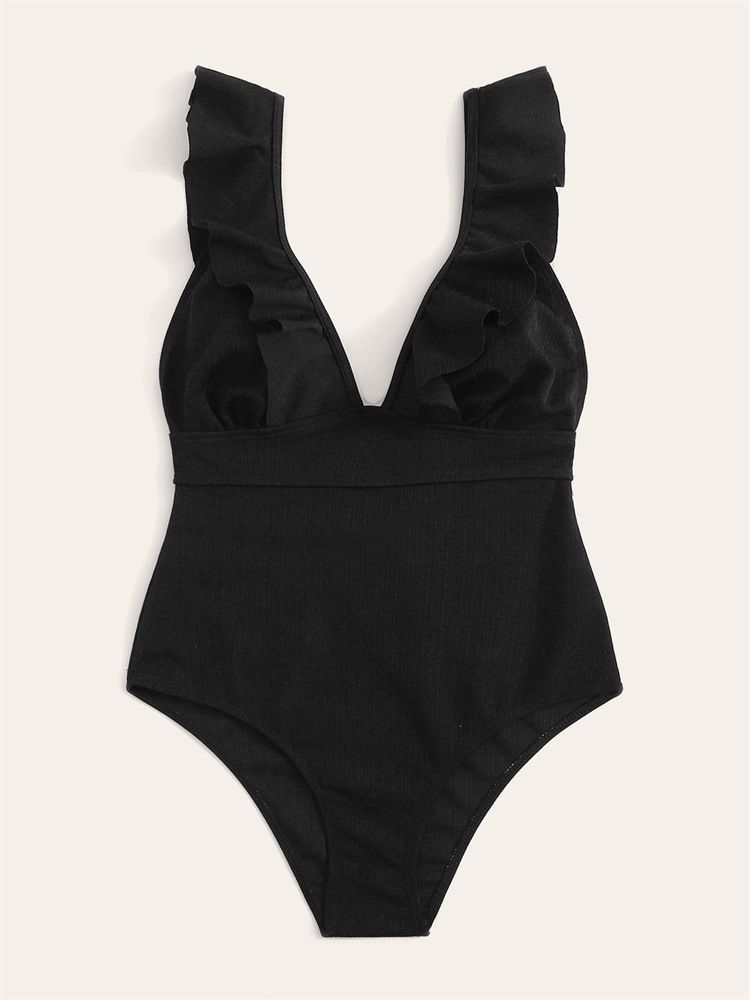 Maillot de bain une pièce à volants pour femme, couleur unie, multicolore, rayé, sexy_voghion.com