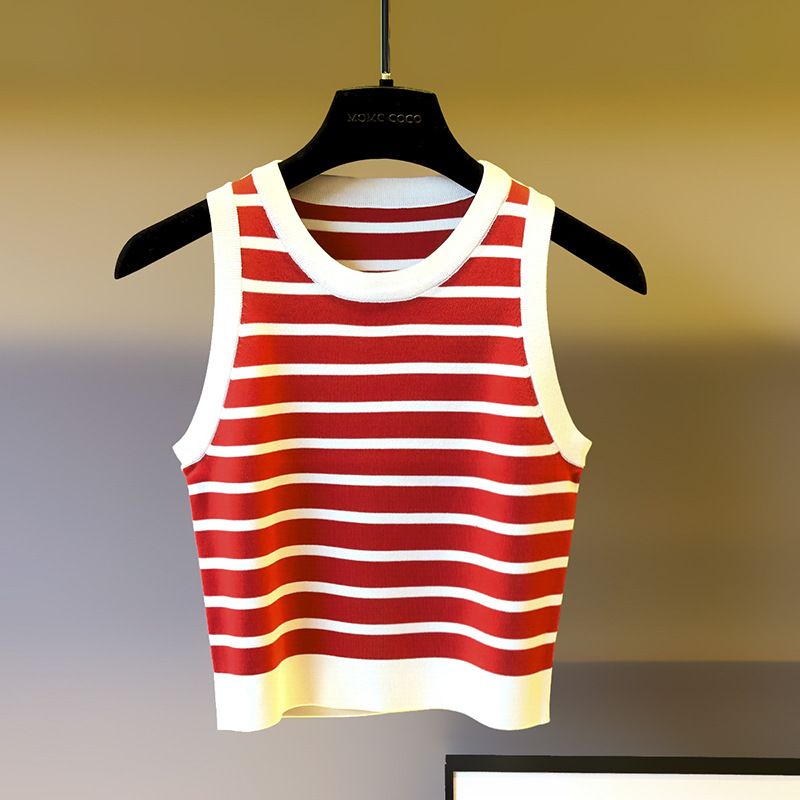 Europäische High-Version gestreifte gestrickte Camisole-Weste für Damen im Sommer Oberbekleidung Innenbekleidung mit einer Basis, Slim Fit und_voghion.com