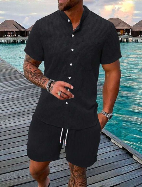 Conjunto de verão masculino de duas peças - Camisa texturizada de manga curta e shorts combinando | Conjunto casual de cor sólida_voghion.com